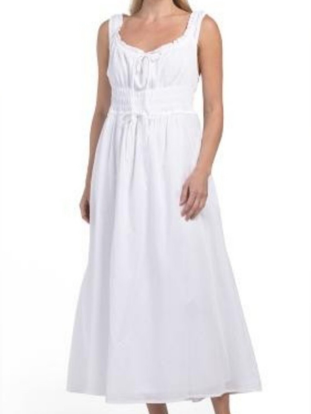 NWT - LEA Cotton Gauze Fully Lined Ruched Waist White Maxi Dress - Size L